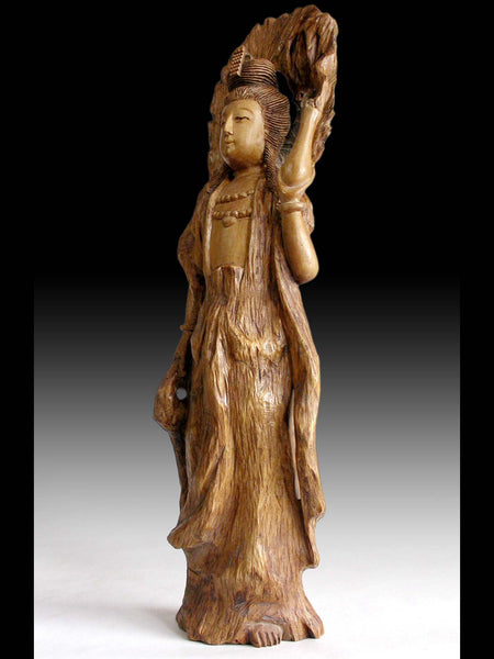 Vintage Japanese Carved Kannon Bosatsu Guanyin Goddess of Compassion Root Wood Statue 観音