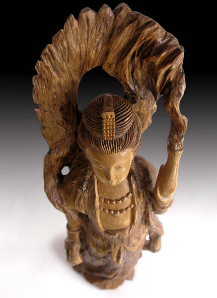 Vintage Japanese Carved Kannon Bosatsu Guanyin Goddess of Compassion Root Wood Statue 観音