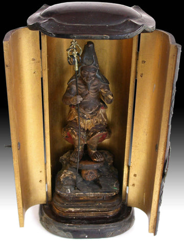 En no Gyoja 役行者 Ascetic Bosatsu 19th Century Japanese Carved Butsudan Zushi Shrine