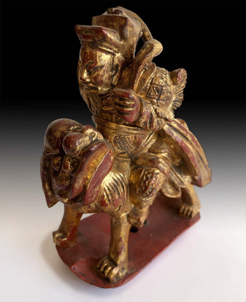 Qing Dynasty God of Wealth On Foo Dog Lion Gilded Lacquered Wood Statue