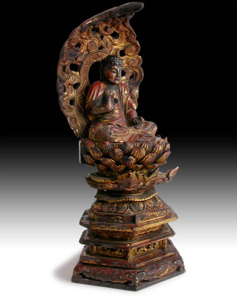 Edo Amida Nyorai On Lotus Plinth Rare 19th Century Lacquered Gilt Wood Buddha Shrine