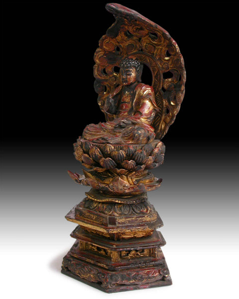 Edo Amida Nyorai On Lotus Plinth Rare 19th Century Lacquered Gilt Wood Buddha Shrine