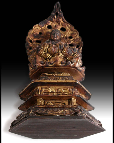 Edo Amida Nyorai On Lotus Plinth Rare 19th Century Lacquered Gilt Wood Buddha Shrine