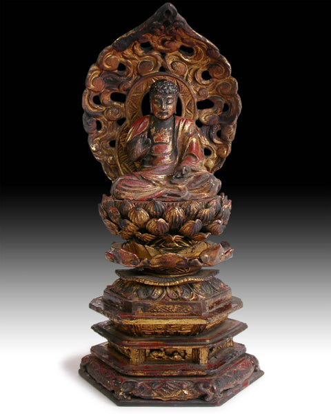 Edo Amida Nyorai On Lotus Plinth Rare 19th Century Lacquered Gilt Wood Buddha Shrine