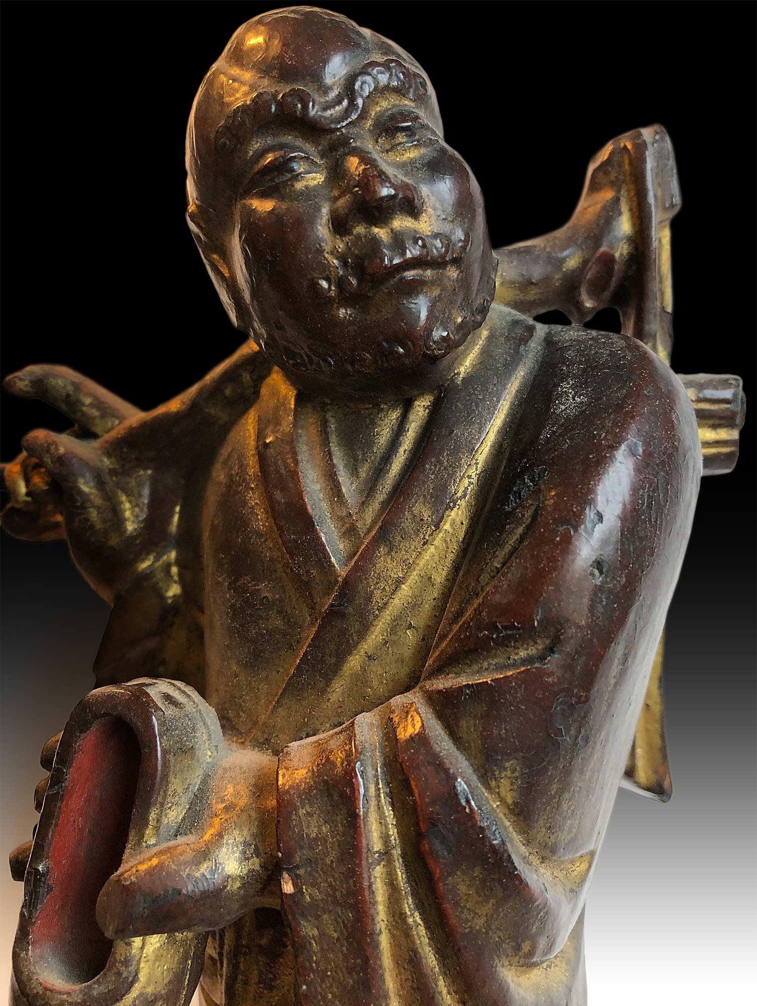 Bodhidharma Da Mo Buddha Statue / Antique Chinese Qing Lacquered Wood Carving 達摩禪師