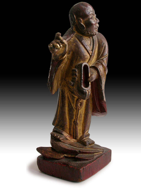 Bodhidharma Da Mo Buddha Statue / Antique Chinese Qing Lacquered Wood Carving 達摩禪師