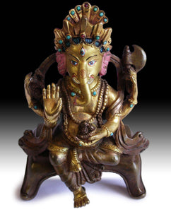 Baby Ganesh Hindu God of Wealth Vintage Antique Nepalese Jeweled Gilt Bronze Statue