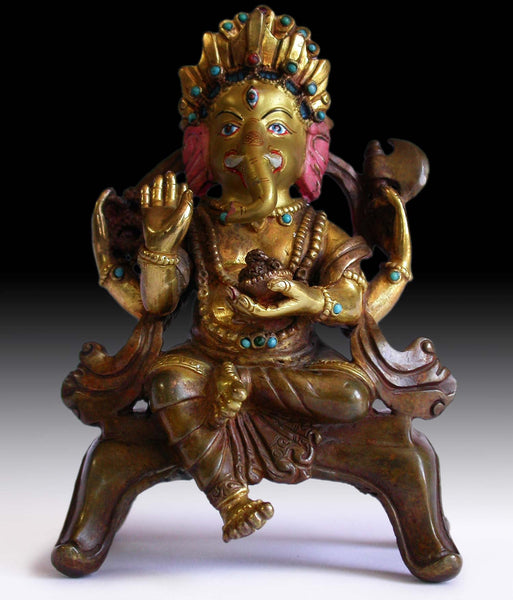 Baby Ganesh Hindu God of Wealth Vintage Antique Nepalese Jeweled Gilt Bronze Statue