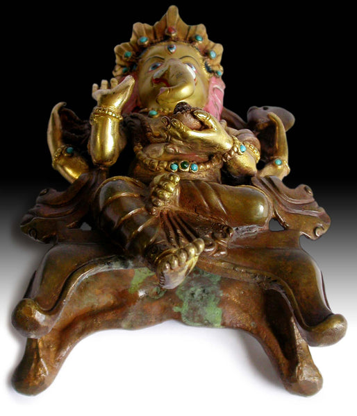 Baby Ganesh Hindu God of Wealth Vintage Antique Nepalese Jeweled Gilt Bronze Statue