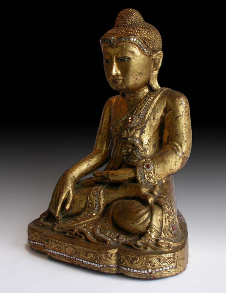 Vintage Gautama Shakyamuni Buddha Earth Pointing Witness Gilt Wood Statue 14”H