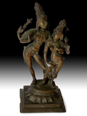 Shiva Embracing Consort Parvati Uma Vintage Hindu Chola Style Bronze Statue 12"H