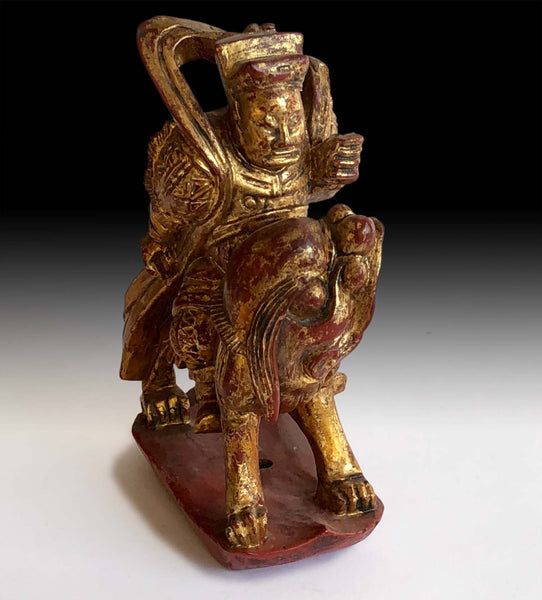 Qing Dynasty God of Wealth On Foo Dog Lion Gilded Lacquered Wood Statue