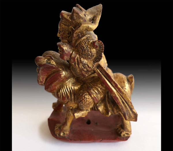 Qing Dynasty God of Wealth On Foo Dog Lion Gilded Lacquered Wood Statue