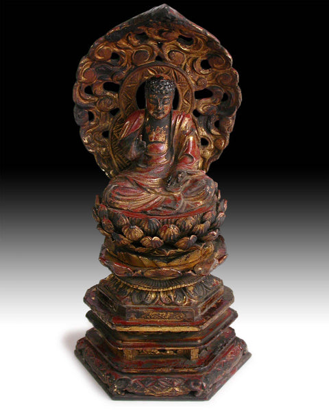 Edo Amida Nyorai On Lotus Plinth Rare 19th Century Lacquered Gilt Wood Buddha Shrine