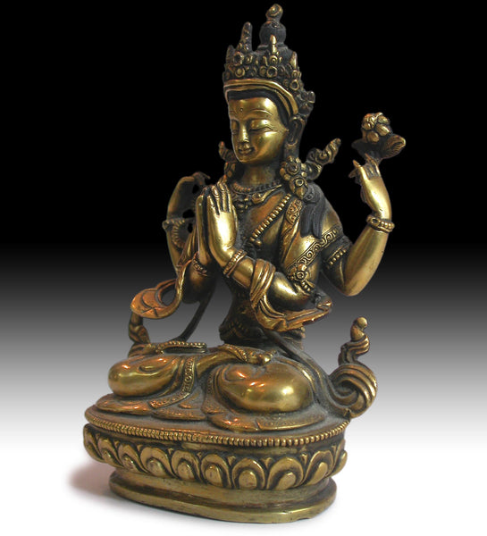 Four-Armed Avalokiteshvara Chenrezig Vintage Chinese Gilt Bronze  Guan Yin Buddha