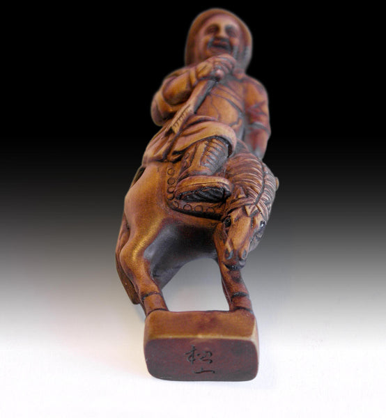 Mongolian Archer Netsuke Signed Shozan Vintage Japanese Carved Matsu Boxwood Sagemono 松山