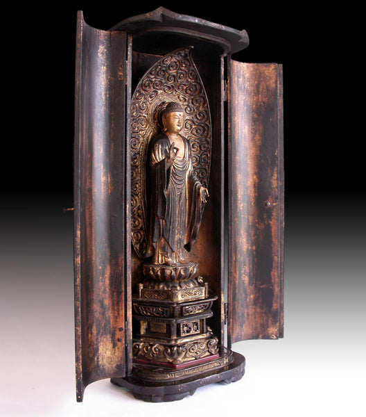 Edo Amida Nyorai Amitabha 19th Century Antique Wood Buddha Butsudan Zushi Shrine 阿彌陀佛