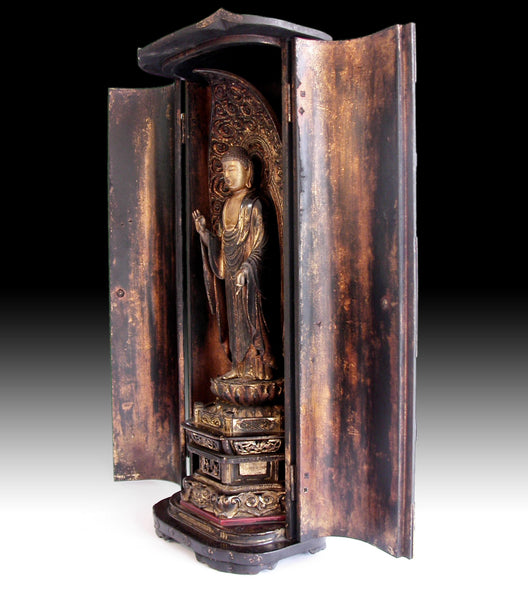 Edo Amida Nyorai Amitabha 19th Century Antique Wood Buddha Butsudan Zushi Shrine 阿彌陀佛