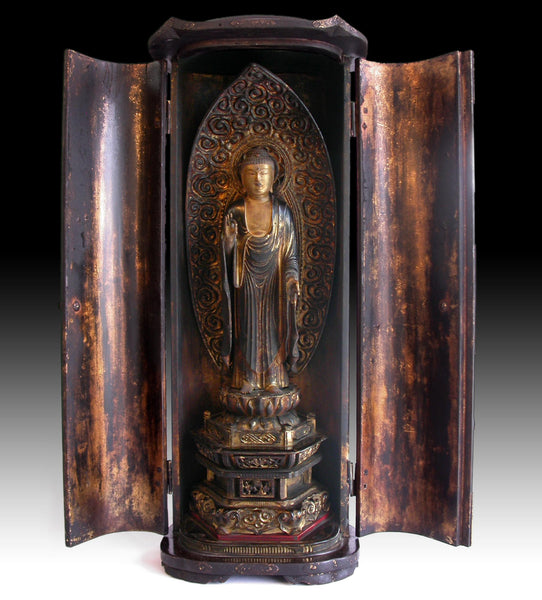 Edo Amida Nyorai Amitabha 19th Century Antique Wood Buddha Butsudan Zushi Shrine 阿彌陀佛