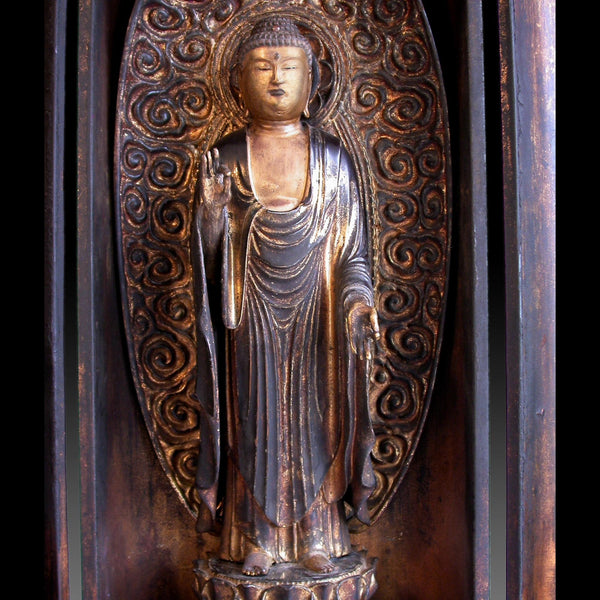 Edo Amida Nyorai Amitabha 19th Century Antique Wood Buddha Butsudan Zushi Shrine 阿彌陀佛