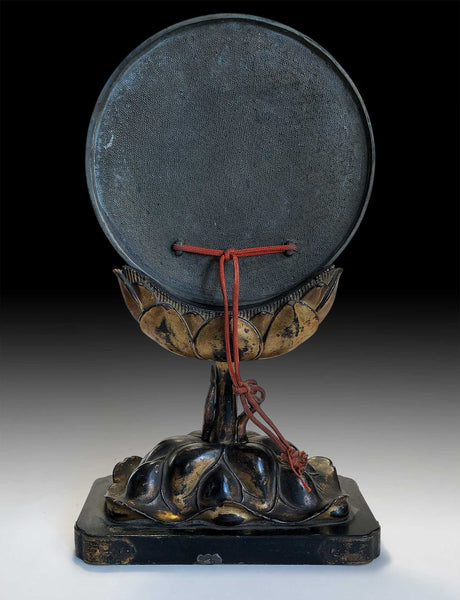Antique Japanese Edo Bronze Shinto Kagami Hokyo Mirror on Gilt Wood Lotus Pedestal 宝鏡
