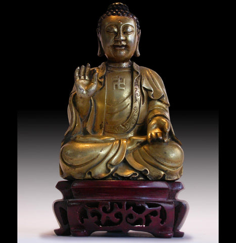 Gold Gilded Shakyamuni Buddha Teaching Charity Antique Chinese Small Bronze Statue  遼青銅鎏金釋迦牟尼佛