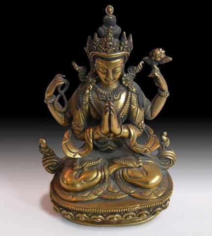 Four-Armed Avalokiteshvara Chenrezig Vintage Chinese Gilt Bronze  Guan Yin Buddha