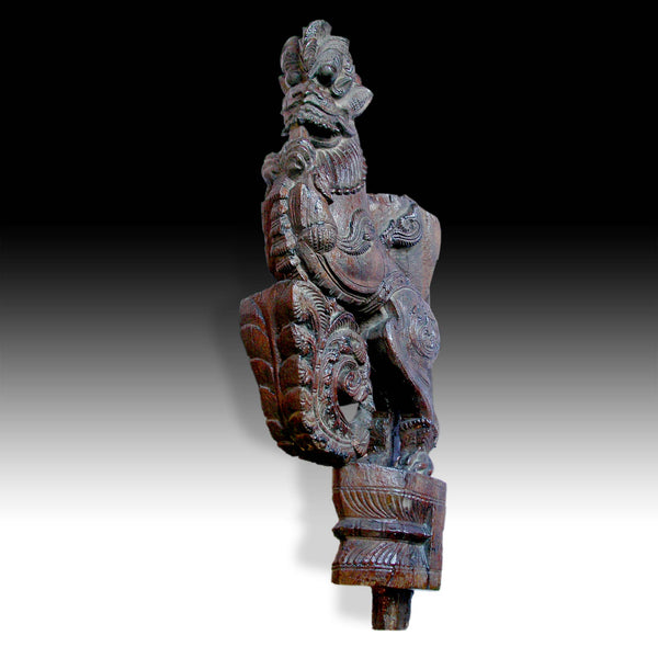 Leogryph Lion Hindu Yali Pillar Strut Vyala Corbel Antique India Wood Carving