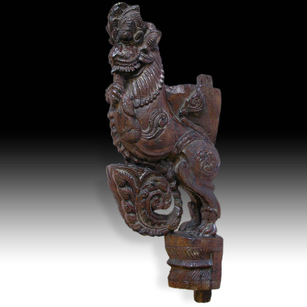 Leogryph Lion Hindu Yali Pillar Strut Vyala Corbel Antique India Wood Carving