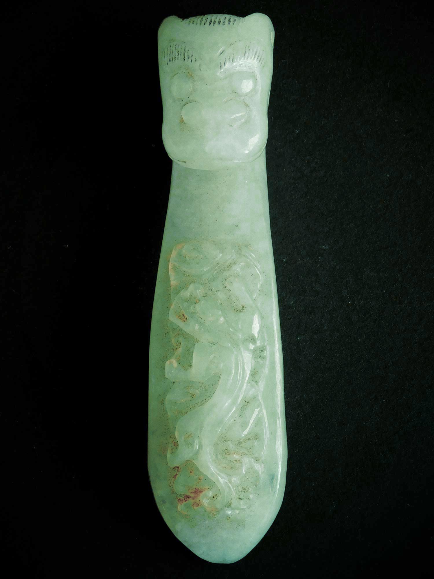 Archaic Jadeite Chilong Belt Hook Antique Chinese Green Jade Toggle Carving 古董青玉雕螭龍钩