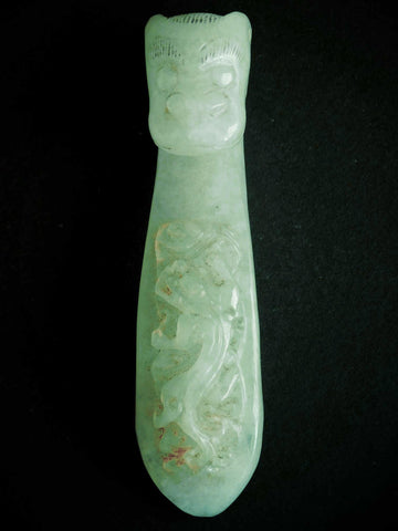Archaic Jadeite Chilong Belt Hook Antique Chinese Green Jade Toggle Carving 古董青玉雕螭龍钩