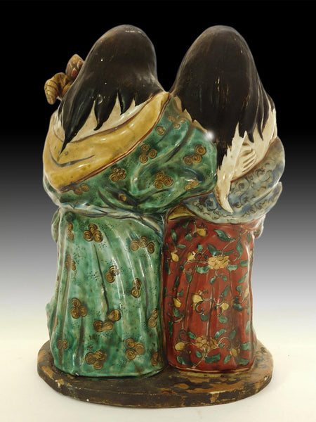 Antique Japanese Kutani Zen Master Kanzan Jittoku Hanshan and Shide Porcelain Statue 寒山拾得和合二仙