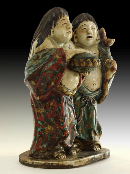 Antique Japanese Kutani Zen Master Kanzan Jittoku Hanshan and Shide Porcelain Statue 寒山拾得和合二仙