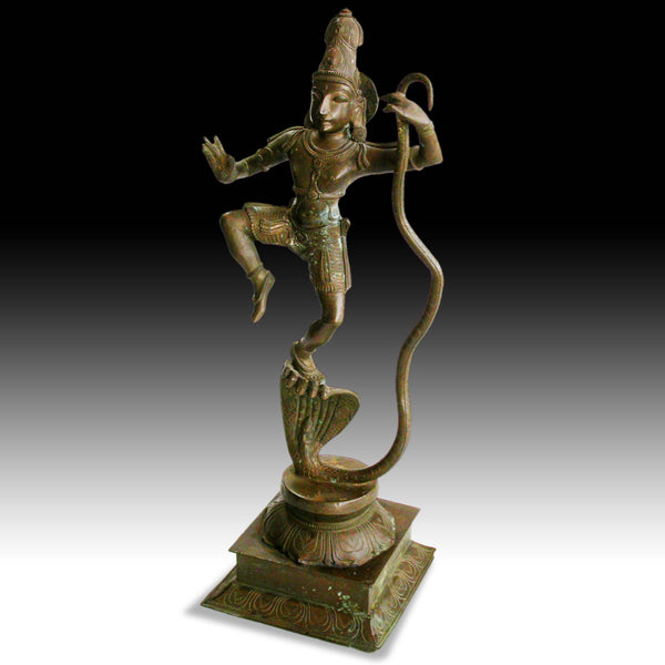 Krishna Dancing On Kaliya Nag Serpent Vintage Chola Style Hindu Bronze 18”H