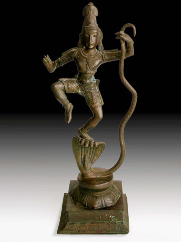 Krishna Dancing On Kaliya Nag Serpent Vintage Chola Style Hindu Bronze 18”H