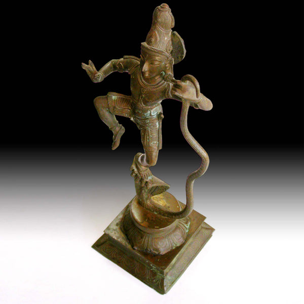 Krishna Dancing On Kaliya Nag Serpent Vintage Chola Style Hindu Bronze 18”H