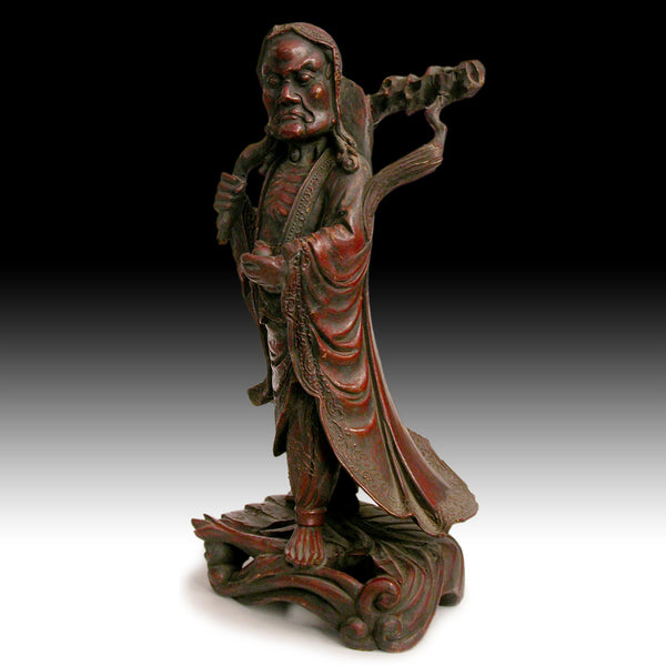 Zen Master Bodhidharma 19th Century Antique Chinese Lacquered Camphor Wood Statue 達摩禪師