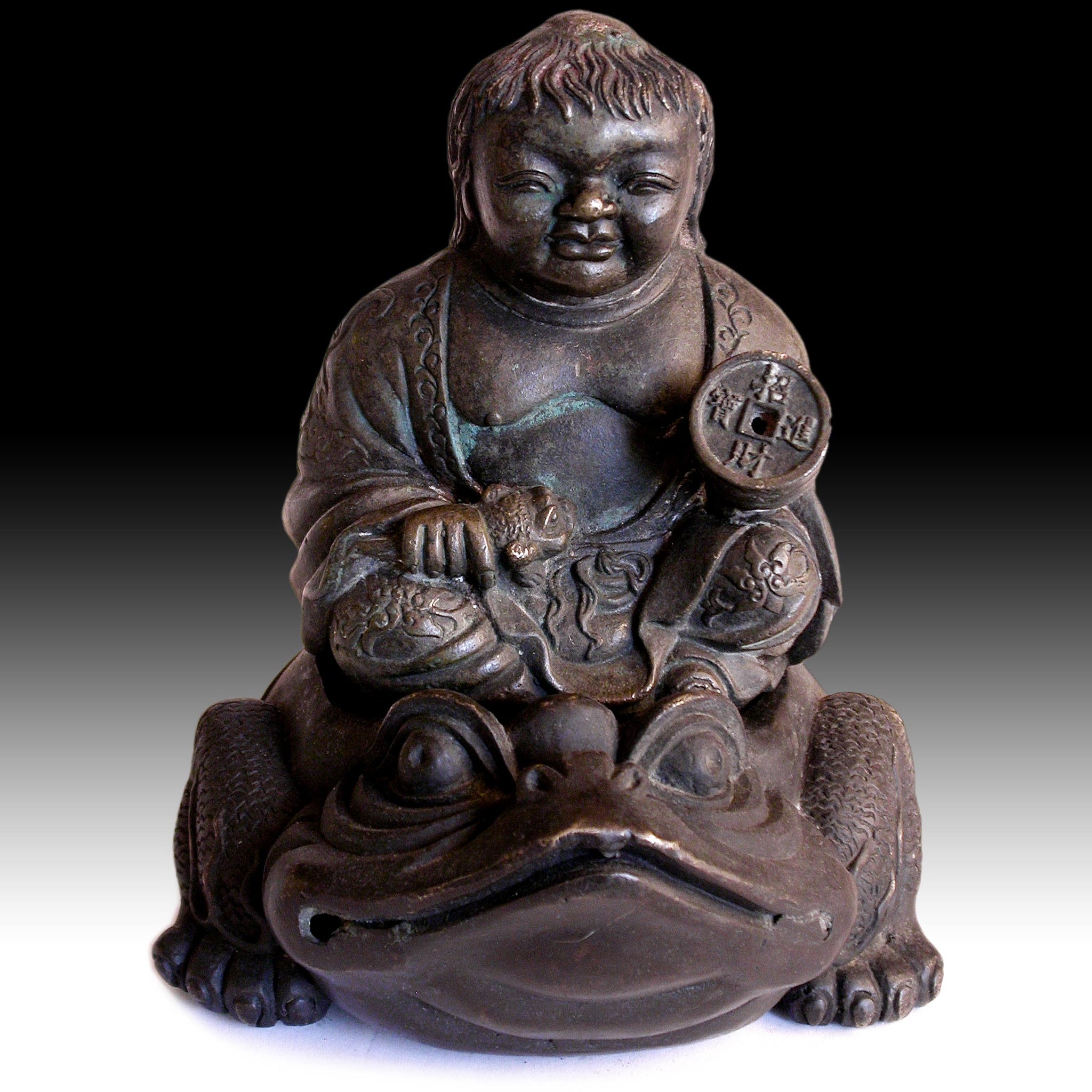 Taoist Immortal  Liu Hai Gama Sennin on Money Frog Vintage Chinese Bronze Censer 劉海蟾