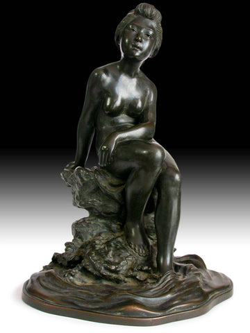 Meiji Bronze Nude Bather by Okazaki Sessei Antique Japanese Statue 17"H 雪聲