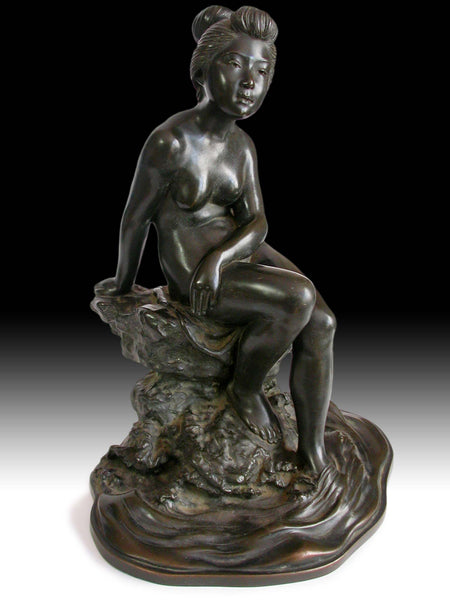 Meiji Bronze Nude Bather by Okazaki Sessei Antique Japanese Statue 17"H 雪聲