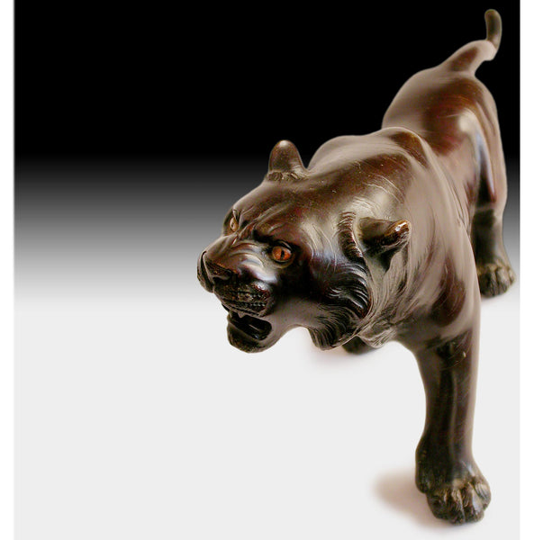Antique Japanese 誠谷作 Genryusai Seiya Bronze Tiger Sculpture Original Pedestal 16"L 虎