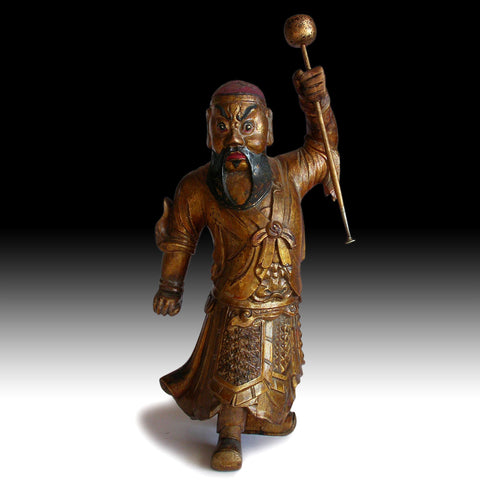 Antique Chinese Carved Lacquered Gilt Wood Temple Guardian Statue 金剛