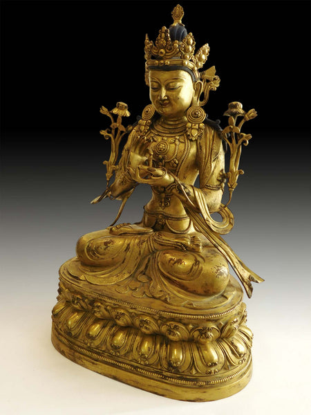 Lg Antique Gilded Ming Bronze Avalokiteshvara Dharmachakra Compassion Buddha statue 觀自在菩薩