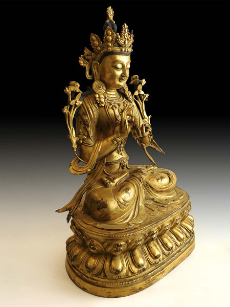 Lg Antique Gilded Ming Bronze Avalokiteshvara Dharmachakra Compassion Buddha statue 觀自在菩薩