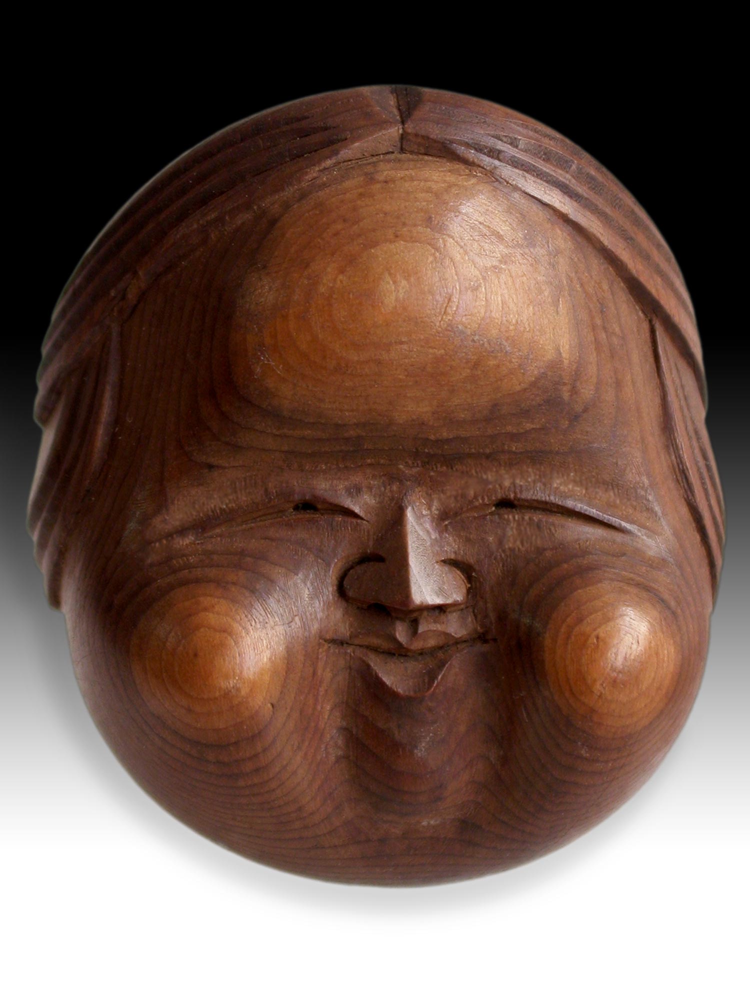 Happy Woman Otafuku Okame Goddess of Mirth Wood Mask Netsuke Antique Japanese Carving Sig 阿多福