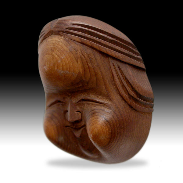 Happy Woman Otafuku Okame Goddess of Mirth Wood Mask Netsuke Antique Japanese Carving Sig 阿多福