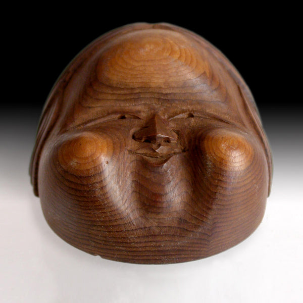 Happy Woman Otafuku Okame Goddess of Mirth Wood Mask Netsuke Antique Japanese Carving Sig 阿多福