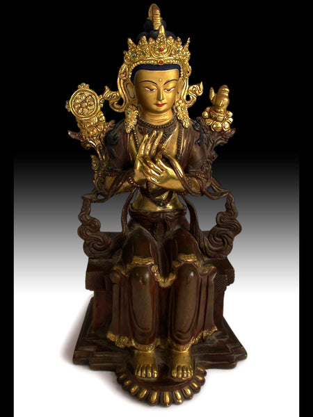 Vintage Nepalese Parcel Gilt Bronze Seated Maitreya Turning The Buddhist Wheel Buddha Statue 彌勒菩薩