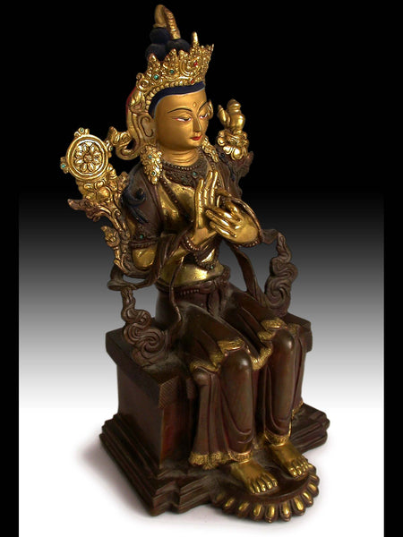 Vintage Nepalese Parcel Gilt Bronze Seated Maitreya Turning The Buddhist Wheel Buddha Statue 彌勒菩薩