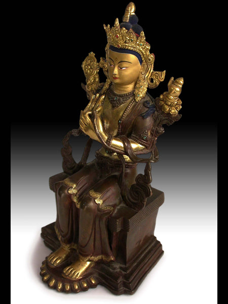 Vintage Nepalese Parcel Gilt Bronze Seated Maitreya Turning The Buddhist Wheel Buddha Statue 彌勒菩薩